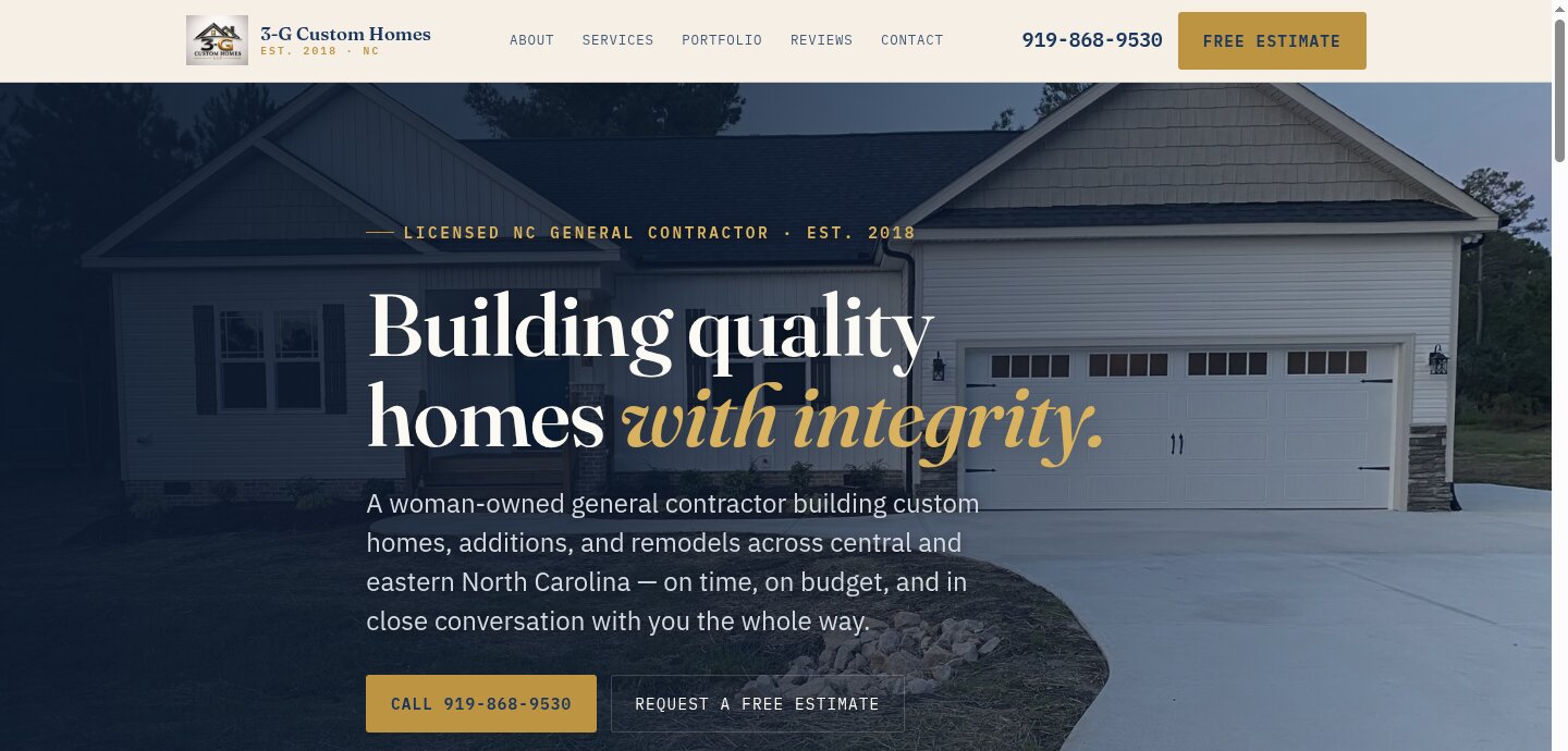 3-G Custom Homes homepage — a finished custom home behind the headline 'Building quality homes with integrity,' with call and free-estimate buttons